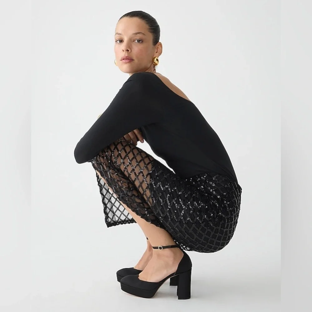 ▪️J Crew Lattice Sequin Pencil Skirt in Black, 12 NWT✨